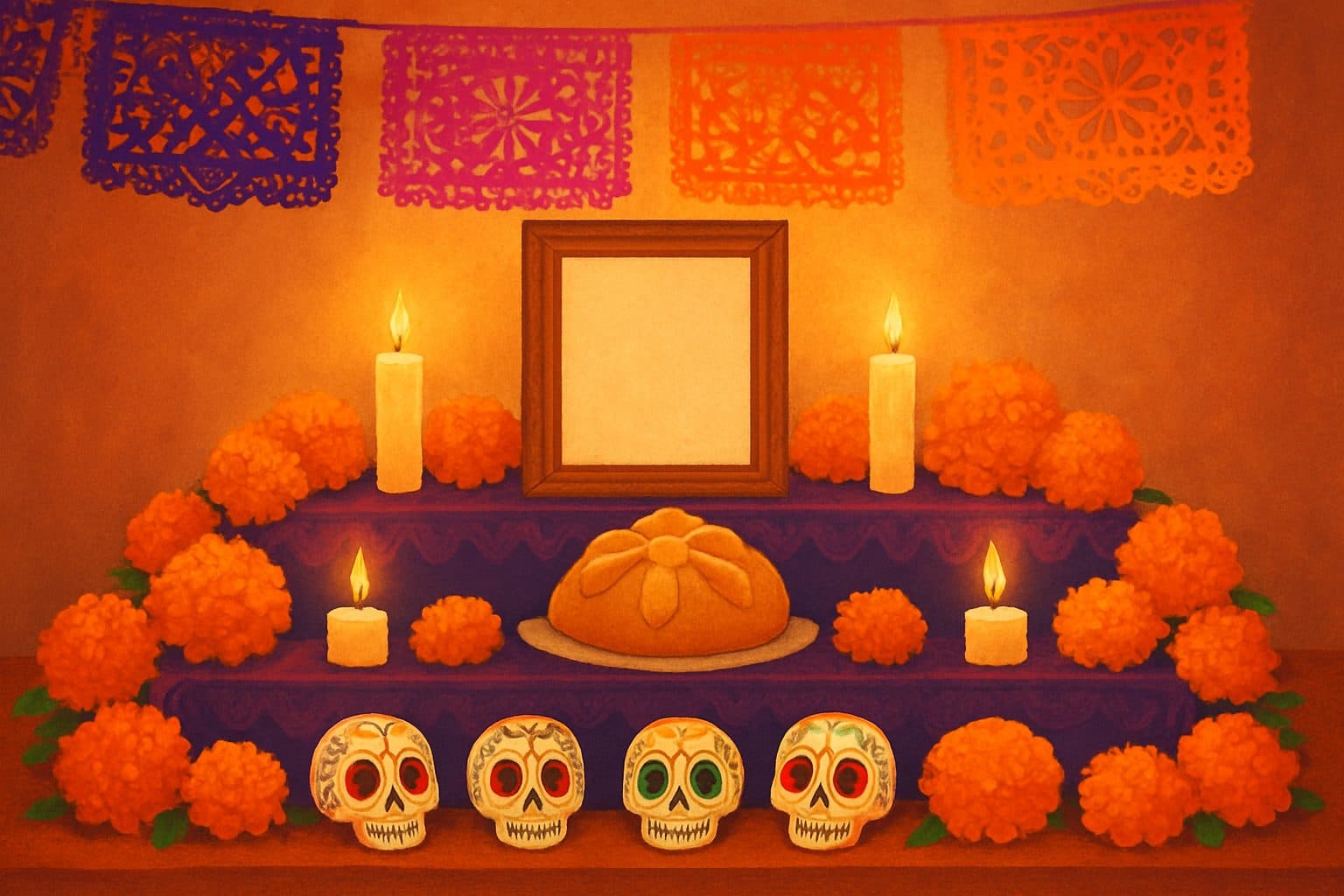 Altar de Día de Muertos con cempasúchil, velas y papel picado